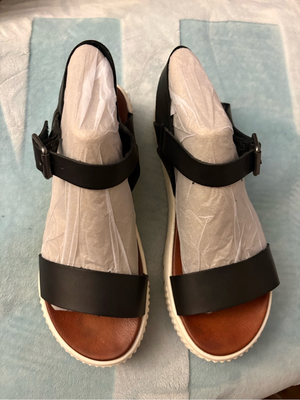 MIA Black Leather Two-Strap Platform Sandals with Brown Footbed